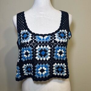 Crochet Black and Blue Floral Patterned Tank Top